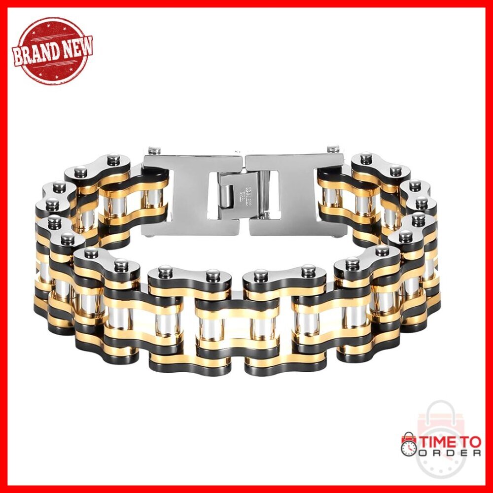 Stainless Steel Men's Bracelet, 9.45 Inch Chain, 14K Gold Plated, Motorcycle